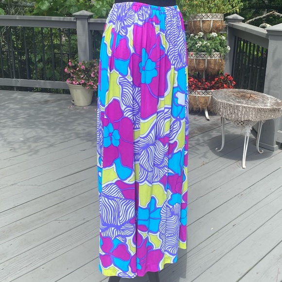 Vintage 60s Flower Power Swimsuit Coverup Maxi Wrap Floral Neon Skirt - Picture 2 of 7